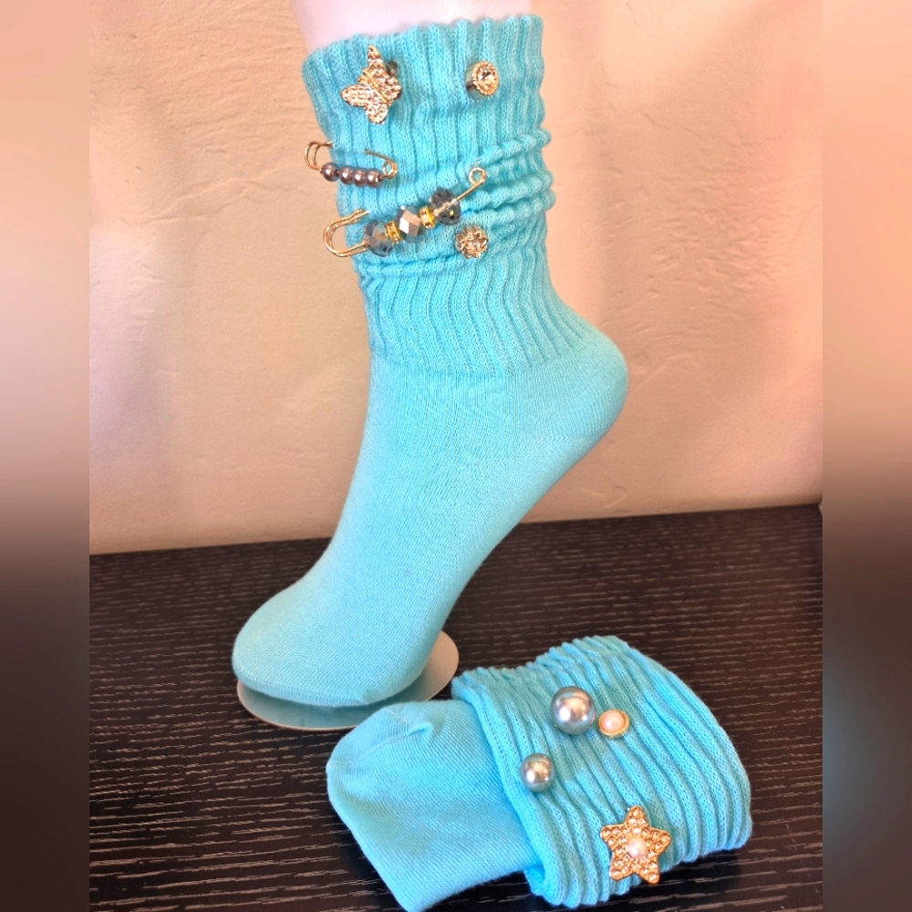 Jeweled Charm Slouch SocksTurquoise NEW